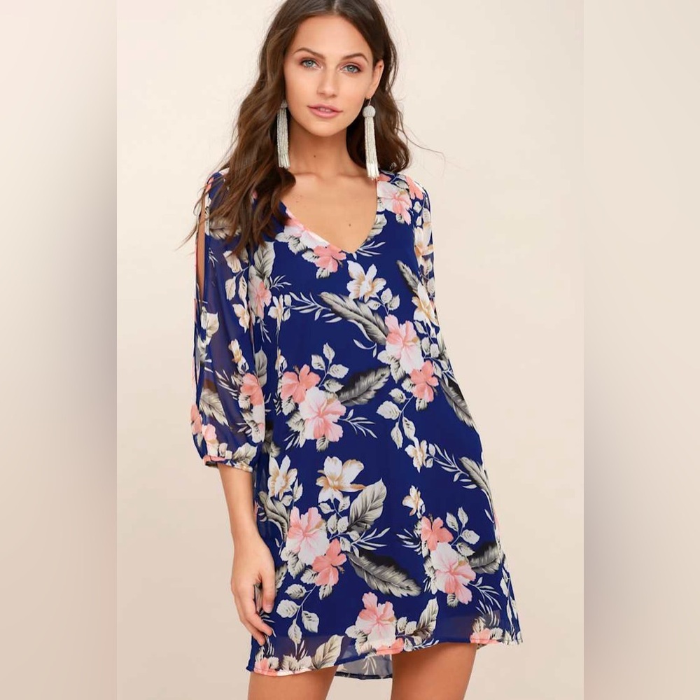Lulus Shifting Dears Royal Blue Floral Print Long Sleeve Dress  navy blue large